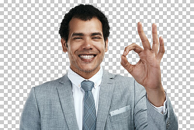 Buy stock photo Ok sign, face and happy man for business isolated on transparent png background. Portrait, entrepreneur and okay hand gesture for excellence, success emoji or yes for agreement on corporate feedback