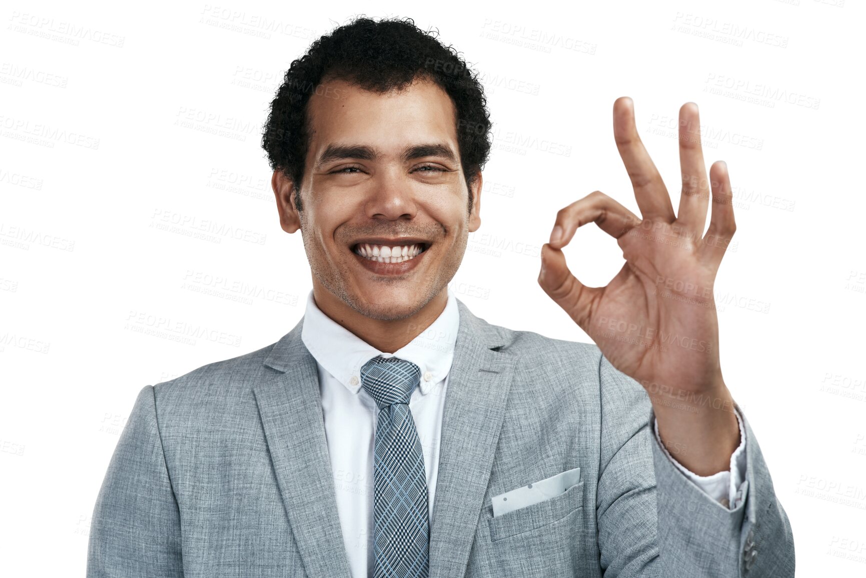 Buy stock photo Ok sign, face and happy man for business isolated on transparent png background. Portrait, entrepreneur and okay hand gesture for excellence, success emoji or yes for agreement on corporate feedback