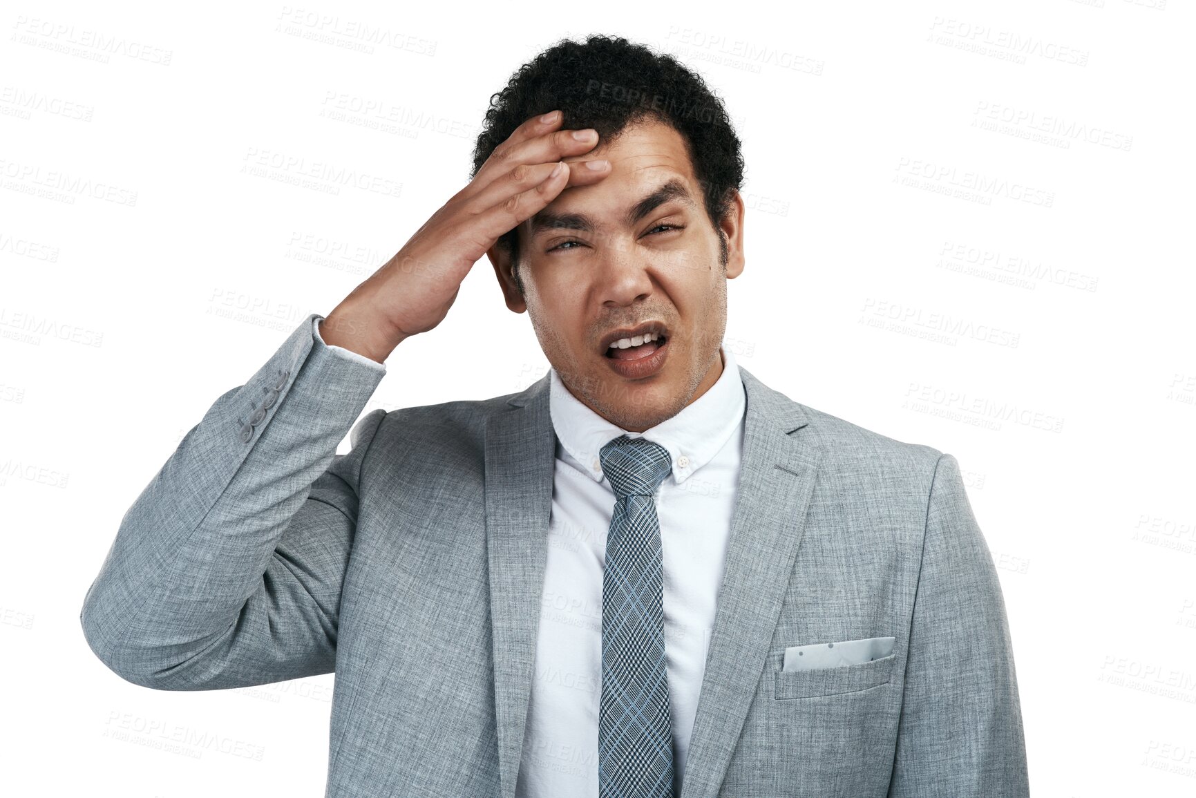 Buy stock photo Stress, confused and portrait of businessman with headache or pain isolated in a transparent or png background. Fail, mistake and entrepreneur or worker with debt problem and frustrated by trouble