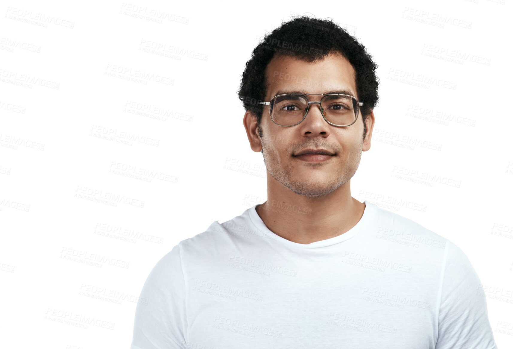 Buy stock photo Man, face and glasses in portrait with vision, frame and prescription lens isolated on transparent png background. Eye care, casual tshirt and eyewear, young male model in headshot with optometry