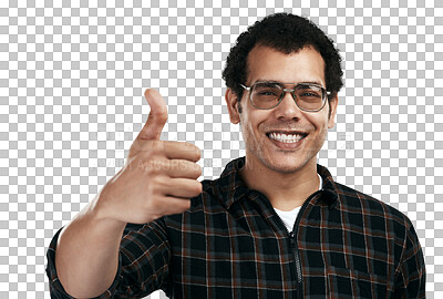 Buy stock photo Smile, glasses and man with thumbs up in portrait isolated on a transparent png background. Nerd, face and person with like hand gesture for success emoji, excellence and yes thank you for feedback.