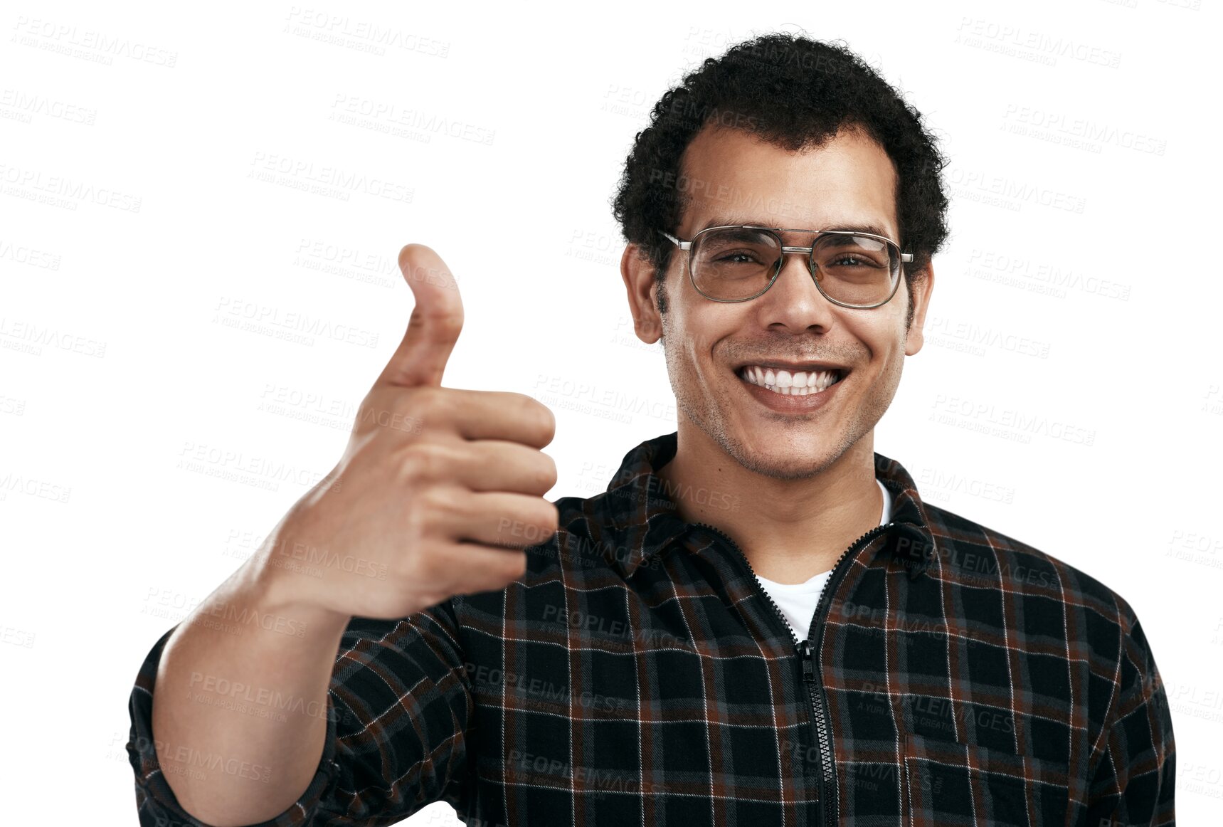 Buy stock photo Smile, glasses and man with thumbs up in portrait isolated on a transparent png background. Nerd, face and person with like hand gesture for success emoji, excellence and yes thank you for feedback.