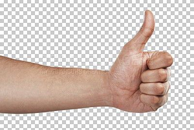 Buy stock photo Thumbs up, yes and success with hand of person on transparent background for winner, achievement and approval. Agreement, motivation and like emoji with closeup of man isolated on png for thank you