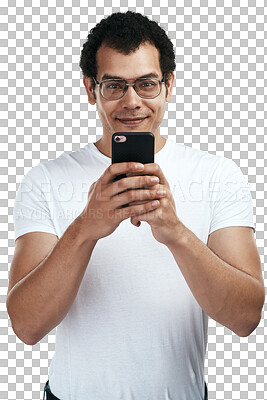 Buy stock photo Portrait, man and using mobile phone with glasses in png or isolated and transparent background. Online, communication and male person with smart phone for messages on internet or app with tech.