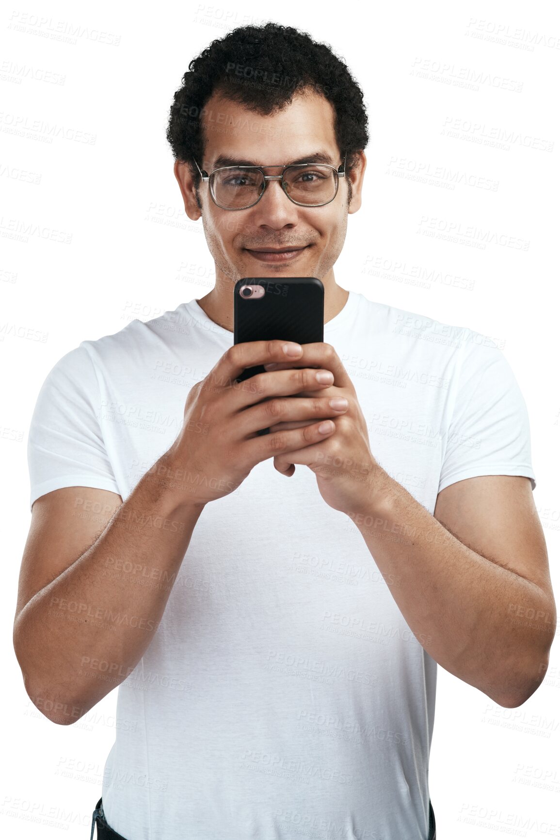 Buy stock photo Portrait, man and using mobile phone with glasses in png or isolated and transparent background. Online, communication and male person with smart phone for messages on internet or app with tech.