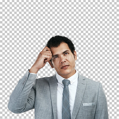 Buy stock photo Thinking, confused and business man search for ideas, inspiration or decision isolated on transparent png background. Corporate or professional person from Mexico with doubt, questions or focus emoji