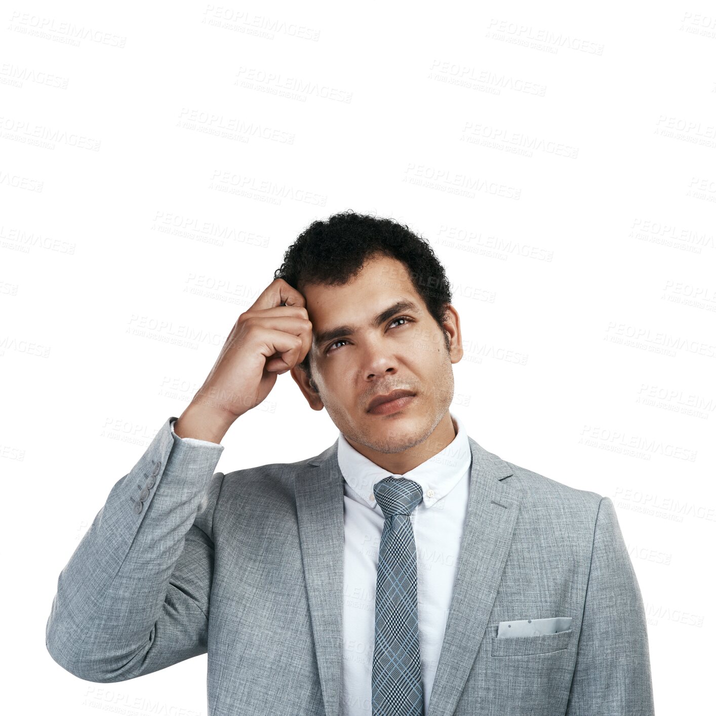 Buy stock photo Thinking, confused and business man search for ideas, inspiration or decision isolated on transparent png background. Corporate or professional person from Mexico with doubt, questions or focus emoji