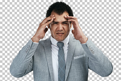 Buy stock photo Headache, portrait and business man confused, stress or worried for financial mistake, crisis or tax problem. Pain, doubt and corporate person with finance risk isolated on transparent png background