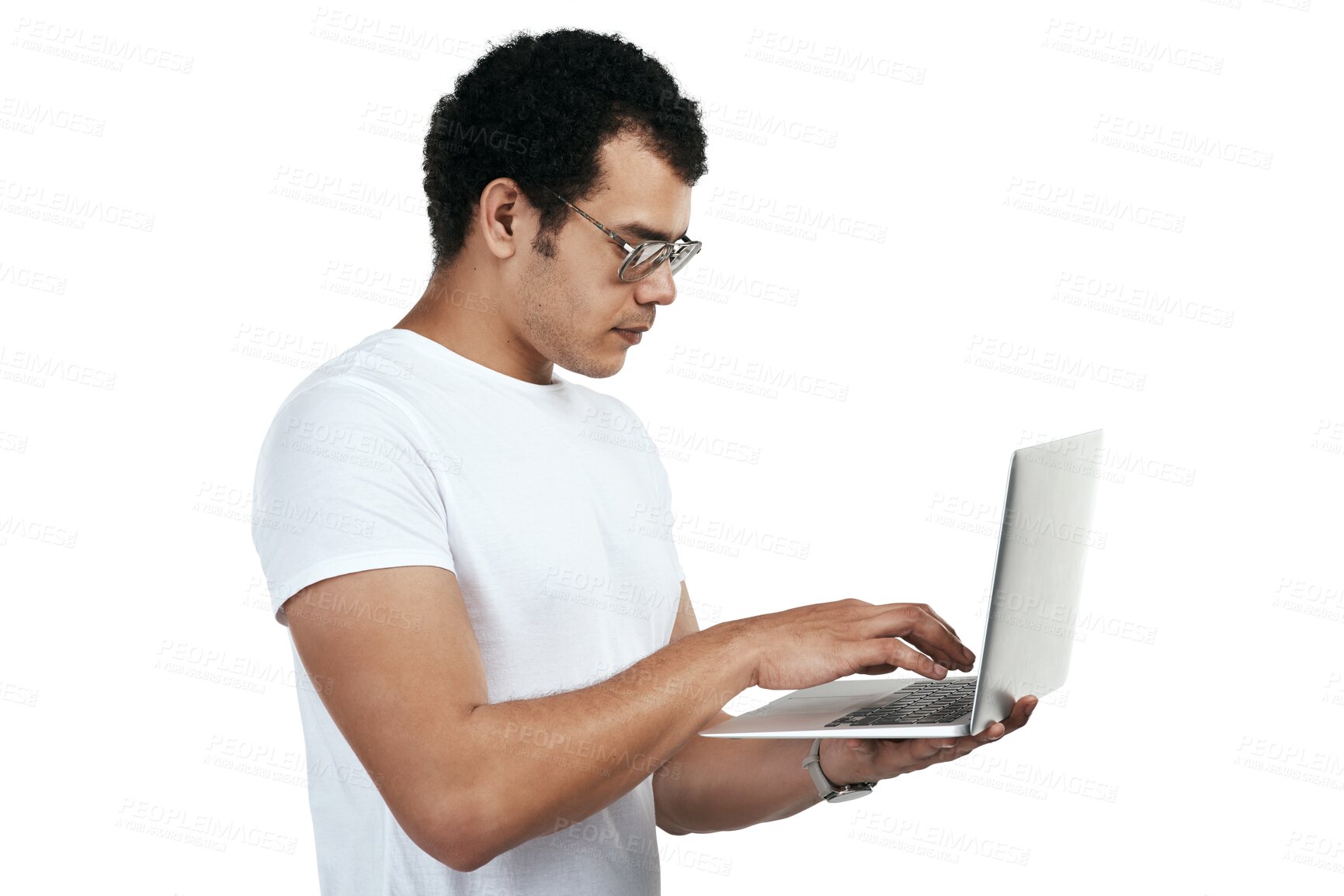 Buy stock photo Laptop, serious and man typing on internet isolated on a transparent png background. Computer, focus and person online browsing on website, email or app for communication, social media and networking