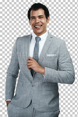 Buy stock photo Portrait, funny and business man laughing isolated on a transparent png background. Happy, professional entrepreneur and excited male person from Brazil laugh at comedy, joke or corporate humor.