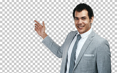 Buy stock photo Presentation, portrait and business man, presenter or speaker isolated on transparent png background. Show news, proposal or pitch of corporate worker, speaker or latino person in suit for job ideas