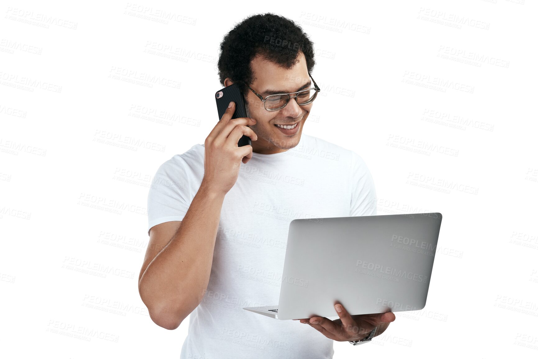 Buy stock photo Phone call, laptop and happy man talking isolated on a transparent png background. Computer, communication and person with smartphone for discussion, speaking or conversation with contact on internet