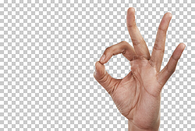 Buy stock photo Approve, perfect and hand with okay sign for agreement on isolated, PNG and transparent background. Yes emoji, support and closeup of gesture, icon and signal for approval, thank you and success