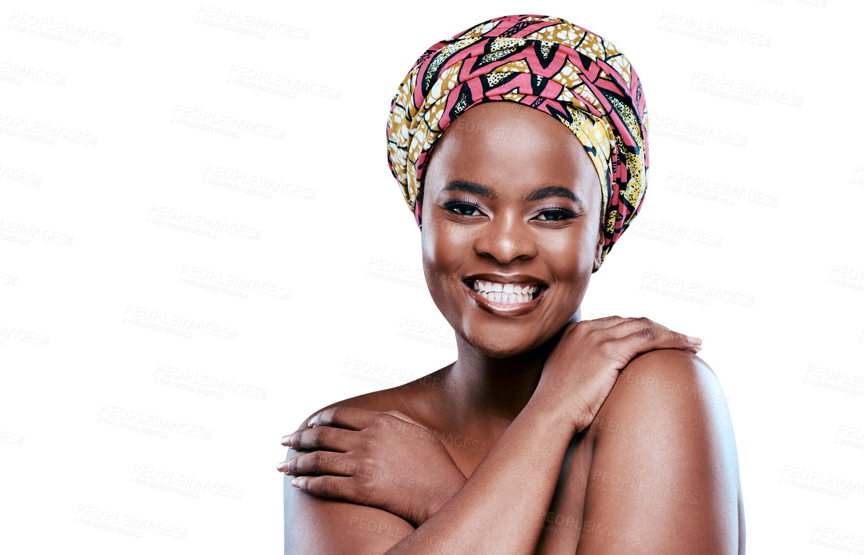 Buy stock photo Portrait, happy and african girl with skincare or cosmetic in png or isolated and transparent background. Dermatology, beauty and black woman with glow for natural skin and wellness or self care.