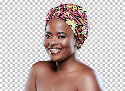 Buy stock photo Skincare, beauty and cosmetics in portrait with black woman in png or isolated and transparent background. Facial treatment, glowing skin and african girl is happy with makeup and self love or care.