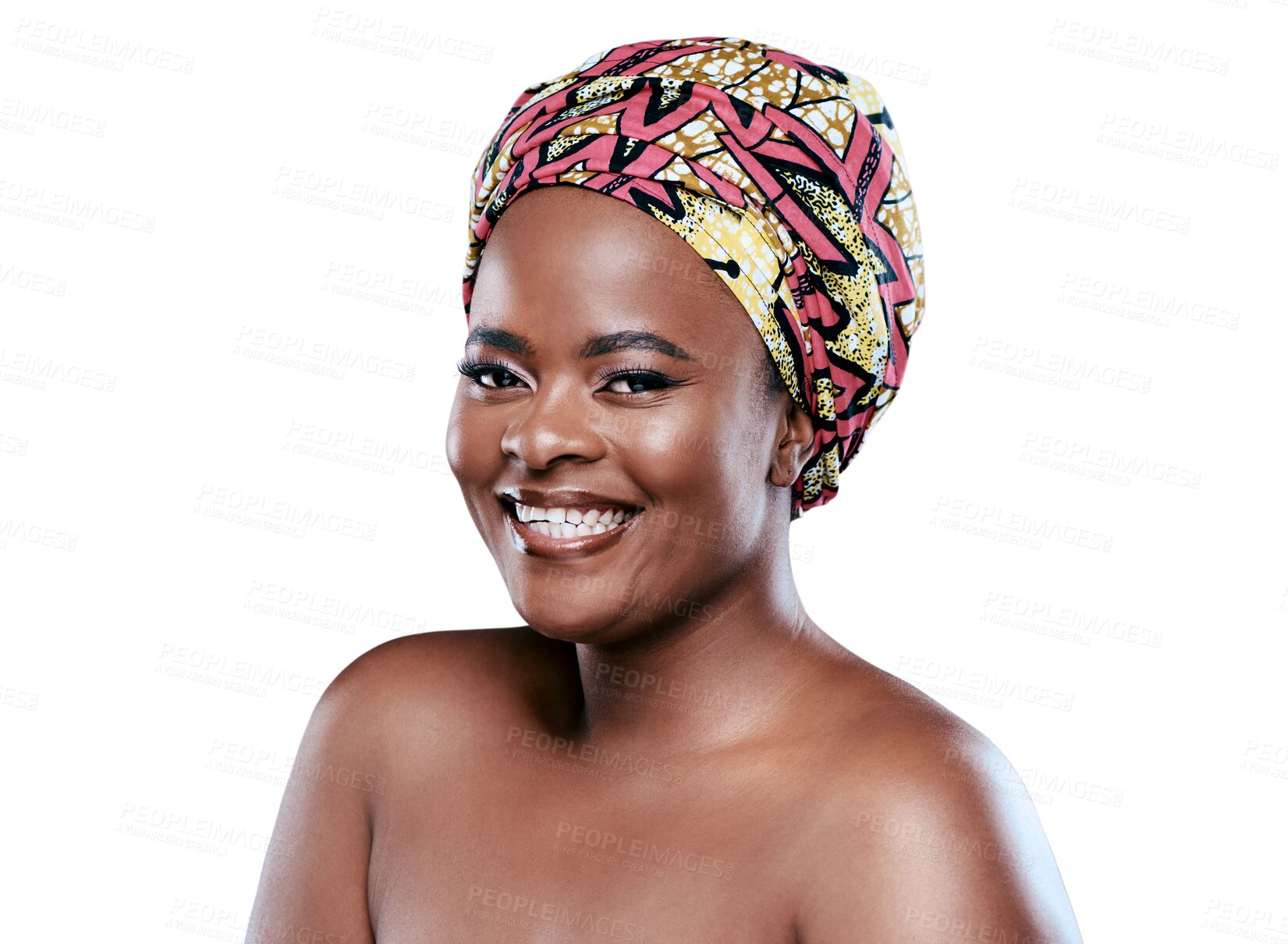 Buy stock photo Skincare, beauty and cosmetics in portrait with black woman in png or isolated and transparent background. Facial treatment, glowing skin and african girl is happy with makeup and self love or care.