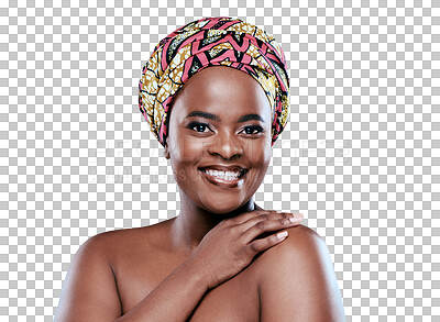 Buy stock photo Natural, african girl and happy in portrait with glow in png or isolated and transparent background. Beauty face, happiness and cosmetics or self care with black person for skincare or wellness.