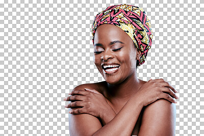 Buy stock photo Dermatology, cosmetic and smile with black girl for wellness in png or isolated and transparent background. Skincare, glow and cosmetology with african female and makeup for self care or happy face.