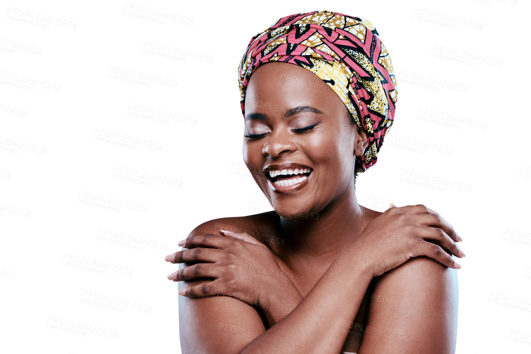 Buy stock photo Dermatology, cosmetic and smile with black girl for wellness in png or isolated and transparent background. Skincare, glow and cosmetology with african female and makeup for self care or happy face.