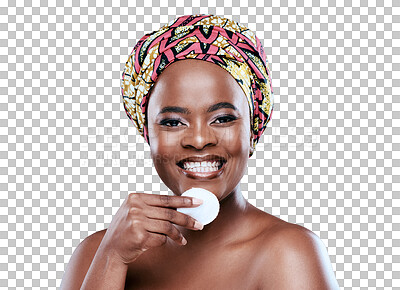 Buy stock photo Skincare, cotton pad and portrait of black woman on isolated, png and transparent background. Natural beauty, dermatology and face of African female person with patch for cosmetics, makeup and facial