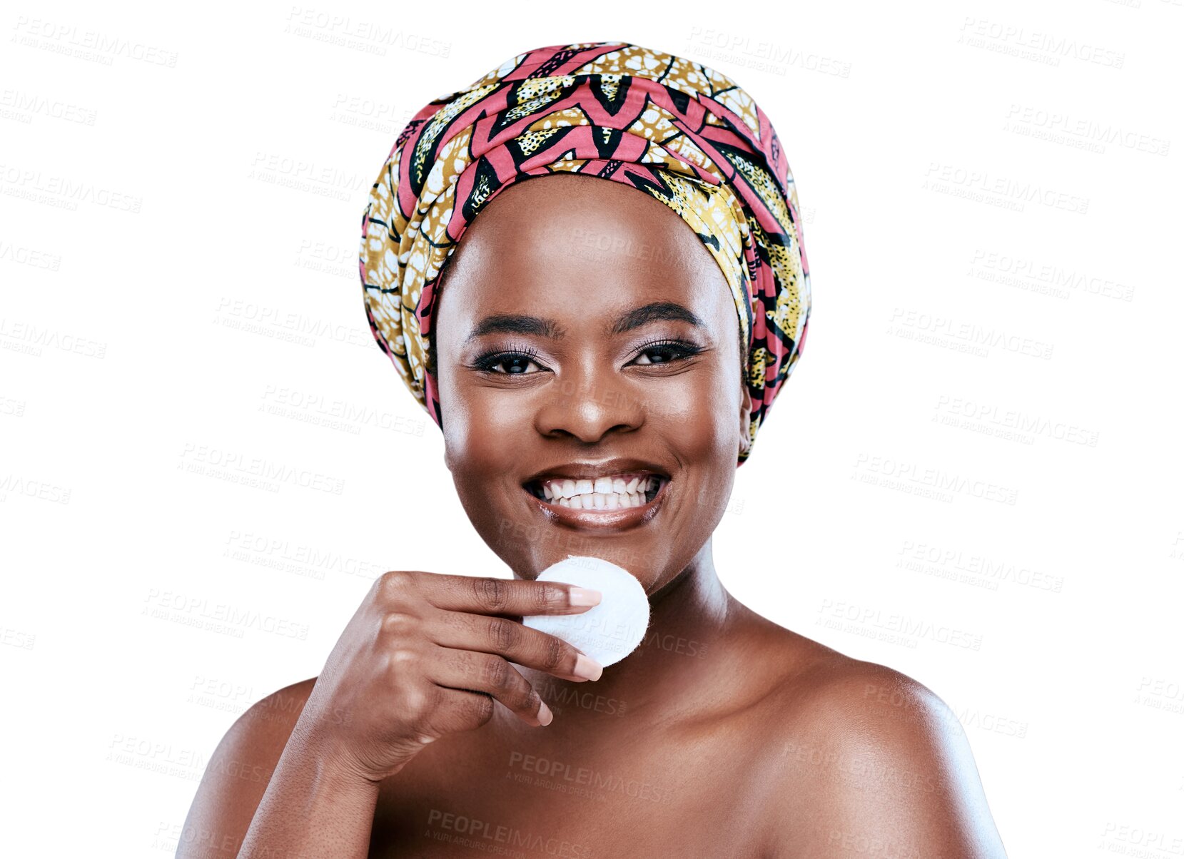 Buy stock photo Skincare, cotton pad and portrait of black woman on isolated, png and transparent background. Natural beauty, dermatology and face of African female person with patch for cosmetics, makeup and facial