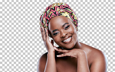 Buy stock photo African turban, black woman and makeup, beauty and traditional fashion isolated on transparent png background. Portrait, glow and cosmetology, female model from Africa happy with cosmetics and style