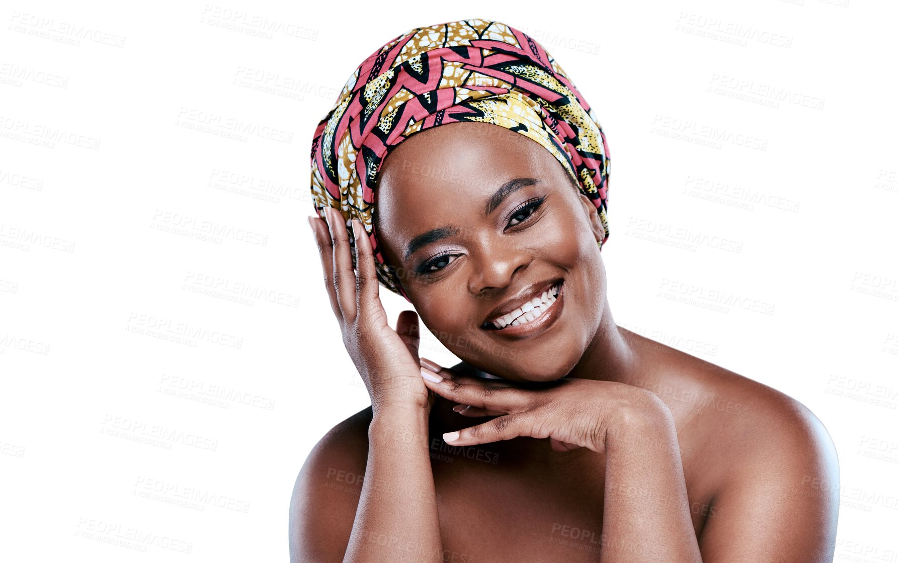 Buy stock photo African turban, black woman and makeup, beauty and traditional fashion isolated on transparent png background. Portrait, glow and cosmetology, female model from Africa happy with cosmetics and style