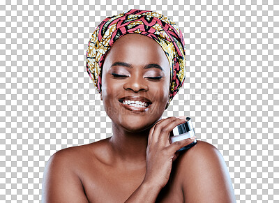 Buy stock photo Skincare, cream and face of black woman with jar on isolated, png and transparent background. Natural beauty, lotion and happy African female person with container for cosmetics, moisturizer or creme