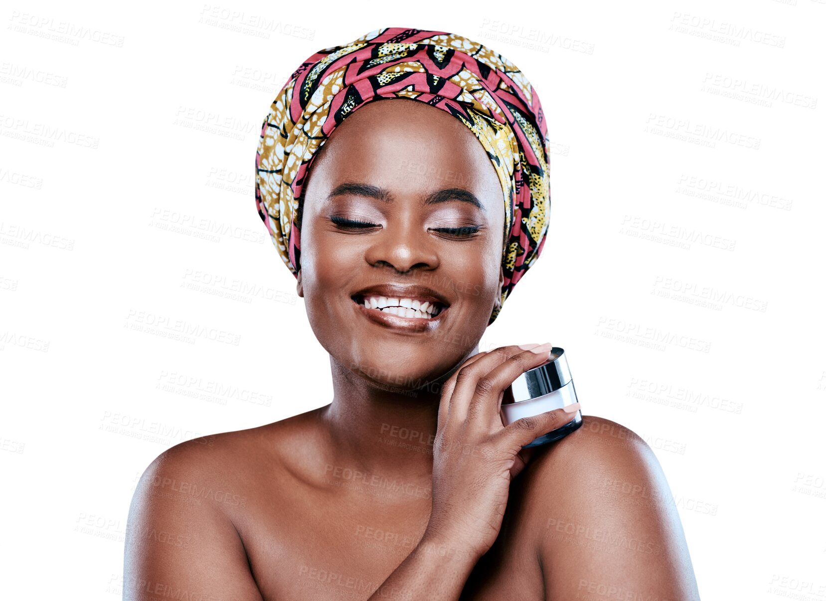 Buy stock photo Skincare, cream and face of black woman with jar on isolated, png and transparent background. Natural beauty, lotion and happy African female person with container for cosmetics, moisturizer or creme