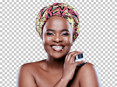 Buy stock photo Beauty, cream container and portrait of black woman on isolated, png and transparent background. Skincare, dermatology and face of African female person with jar for cosmetics, lotion and moisturizer