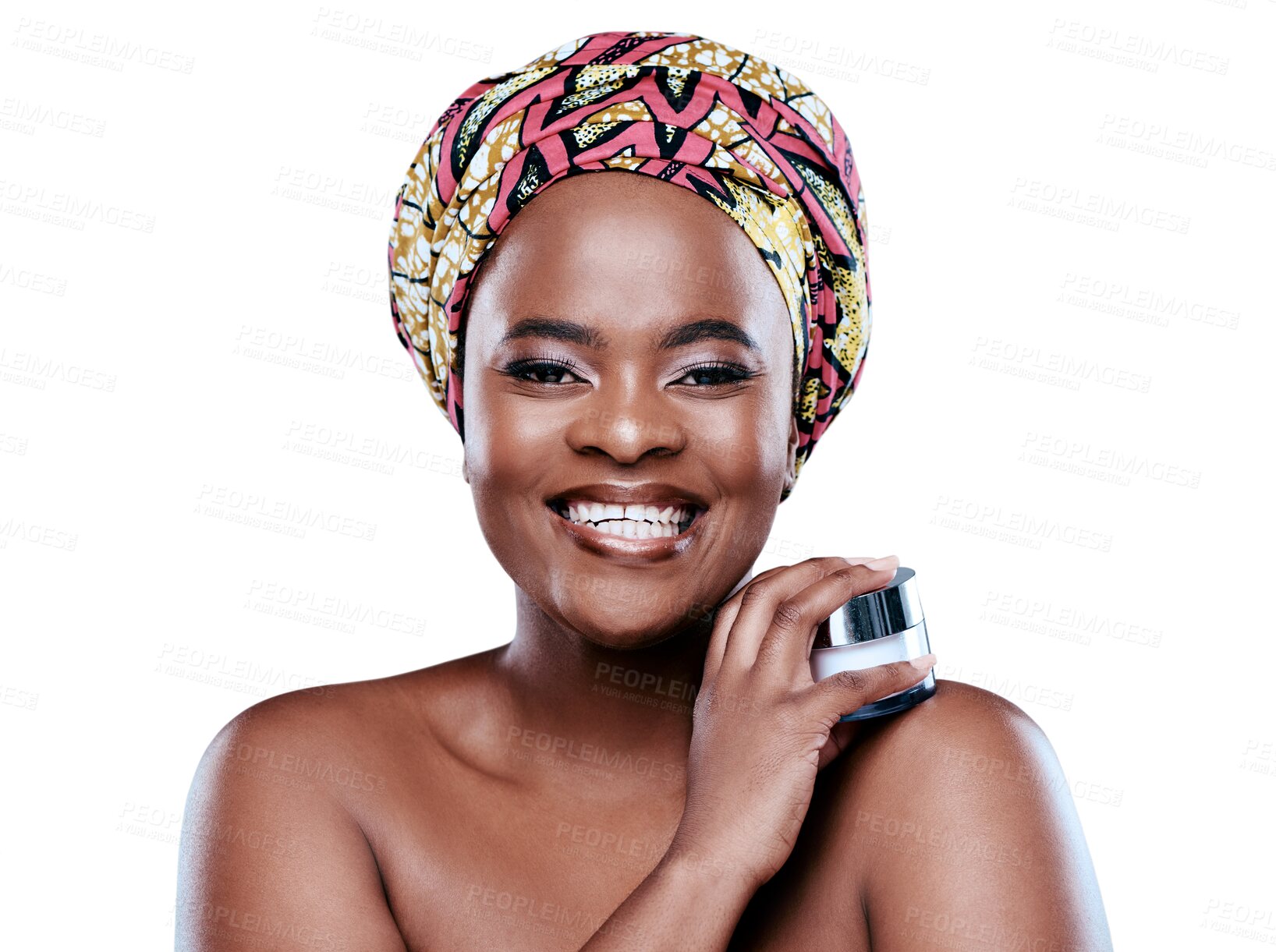 Buy stock photo Beauty, cream container and portrait of black woman on isolated, png and transparent background. Skincare, dermatology and face of African female person with jar for cosmetics, lotion and moisturizer