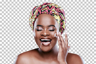 Buy stock photo Beauty, cream and face of African woman on isolated, png and transparent background with smile. Skincare, dermatology and happy female person with lotion, antiaging creme and moisturizer for wellness