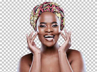 Buy stock photo Skincare, cream and portrait of African woman on isolated, png and transparent background. Beauty, dermatology and happy female person with lotion, antiaging creme and face moisturizer for wellness