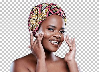 Buy stock photo Skincare, foundation and portrait of black woman on isolated, png and transparent background. Beauty, dermatology and face of happy African female person with makeup, cosmetics and facial products