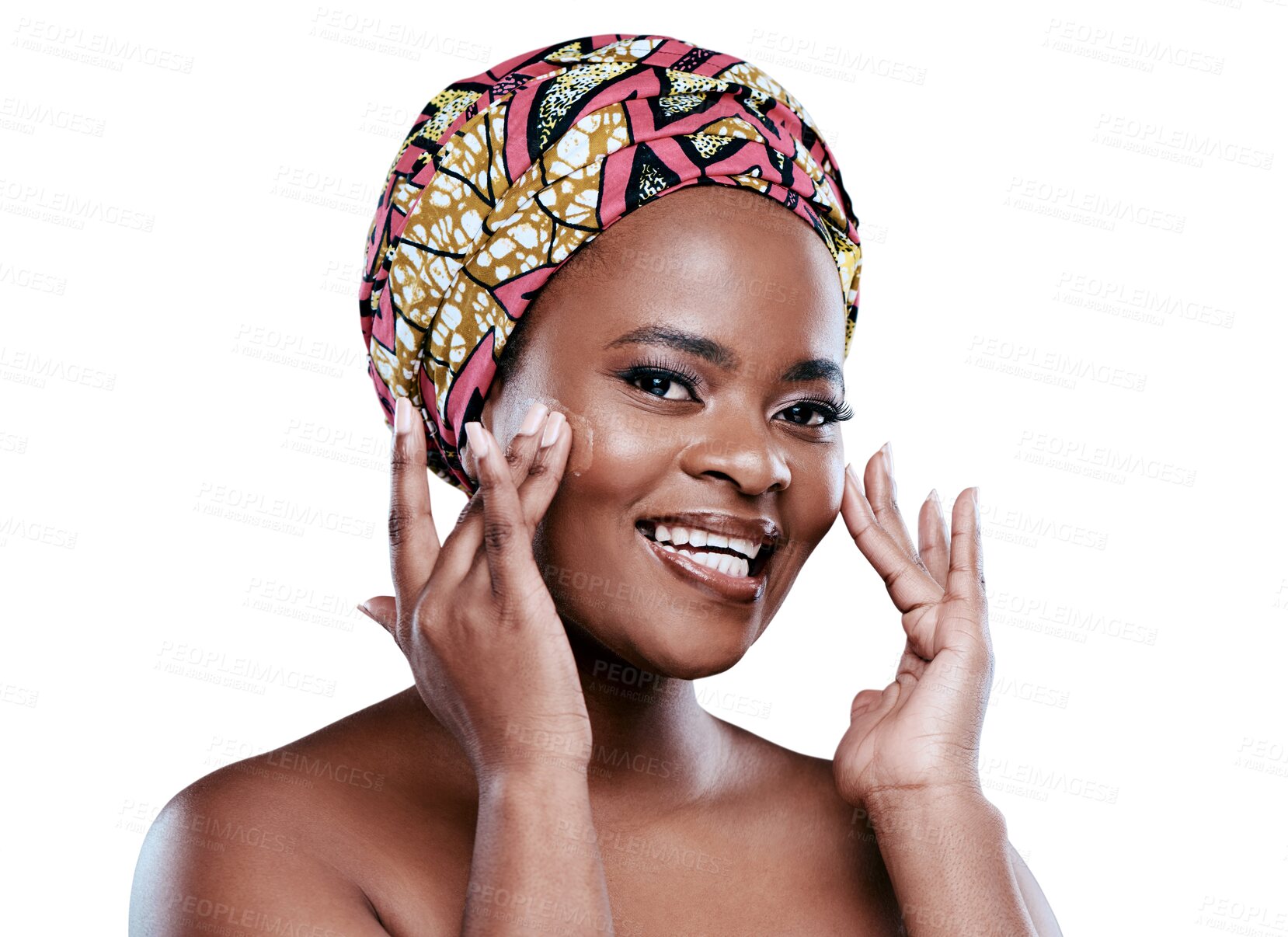 Buy stock photo Skincare, foundation and portrait of black woman on isolated, png and transparent background. Beauty, dermatology and face of happy African female person with makeup, cosmetics and facial products