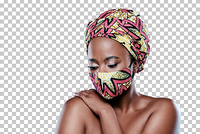 Buy stock photo Fashion print, face mask and cloth of woman isolated on transparent png background for safety, virus or bacteria. Creative, fabric and african person in nigeria with color or pattern design for covid