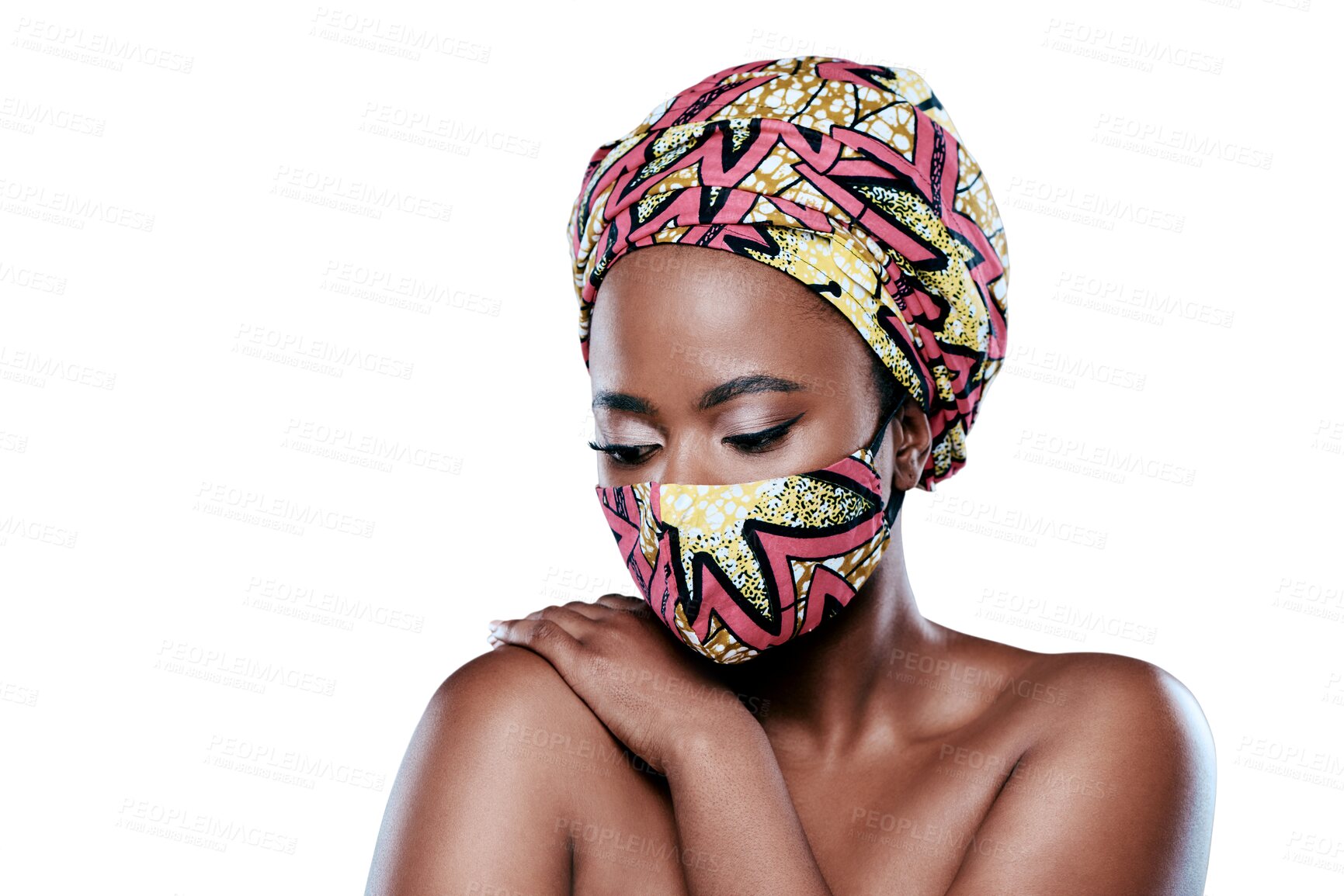 Buy stock photo Fashion print, face mask and cloth of woman isolated on transparent png background for safety, virus or bacteria. Creative, fabric and african person in nigeria with color or pattern design for covid