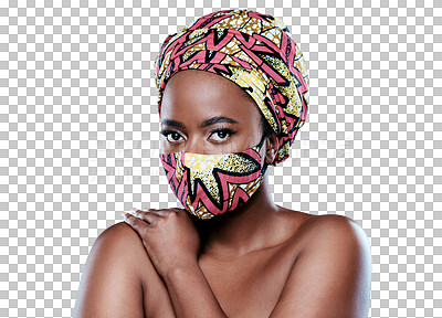 Buy stock photo Black woman, portrait and fashion mask in skincare isolated on a transparent PNG background. African female person or model posing with beauty cosmetics, tradition or cultural head accessories