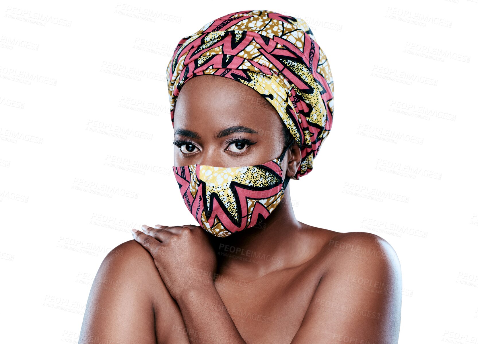 Buy stock photo Black woman, portrait and fashion mask in skincare isolated on a transparent PNG background. African female person or model posing with beauty cosmetics, tradition or cultural head accessories