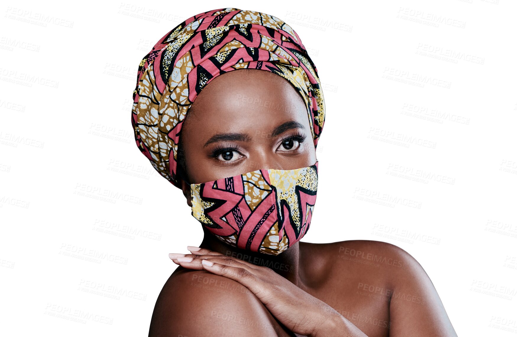 Buy stock photo Woman, portrait and face mask pattern isolated on transparent png background for virus, bacteria and safety. Creative, fabric and beauty of african person in fashion color, textile or print for covid