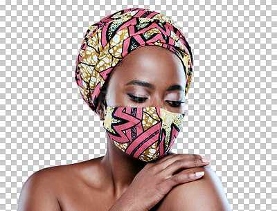 Buy stock photo Design print, face mask and beauty woman isolated on transparent png background for safety, virus or bacteria. Creative, care and african person with fashion, color and pattern for covid compliance