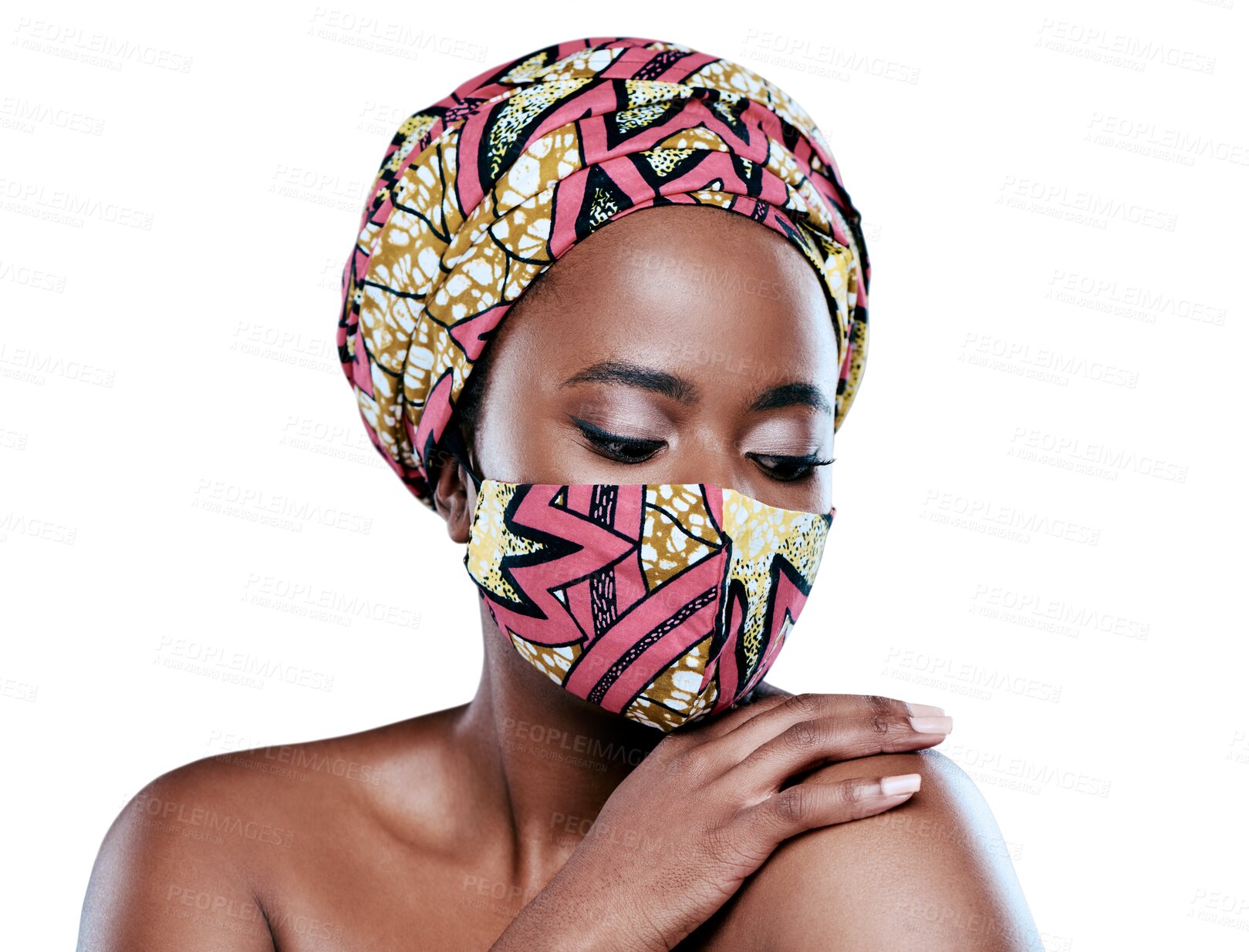 Buy stock photo Design print, face mask and beauty woman isolated on transparent png background for safety, virus or bacteria. Creative, care and african person with fashion, color and pattern for covid compliance