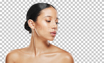 Buy stock photo Beauty, face and woman with skin glow, natural cosmetics and bodycare isolated on transparent png background. Skincare, dermatology and cosmetic care, female model and shine with grooming and facial