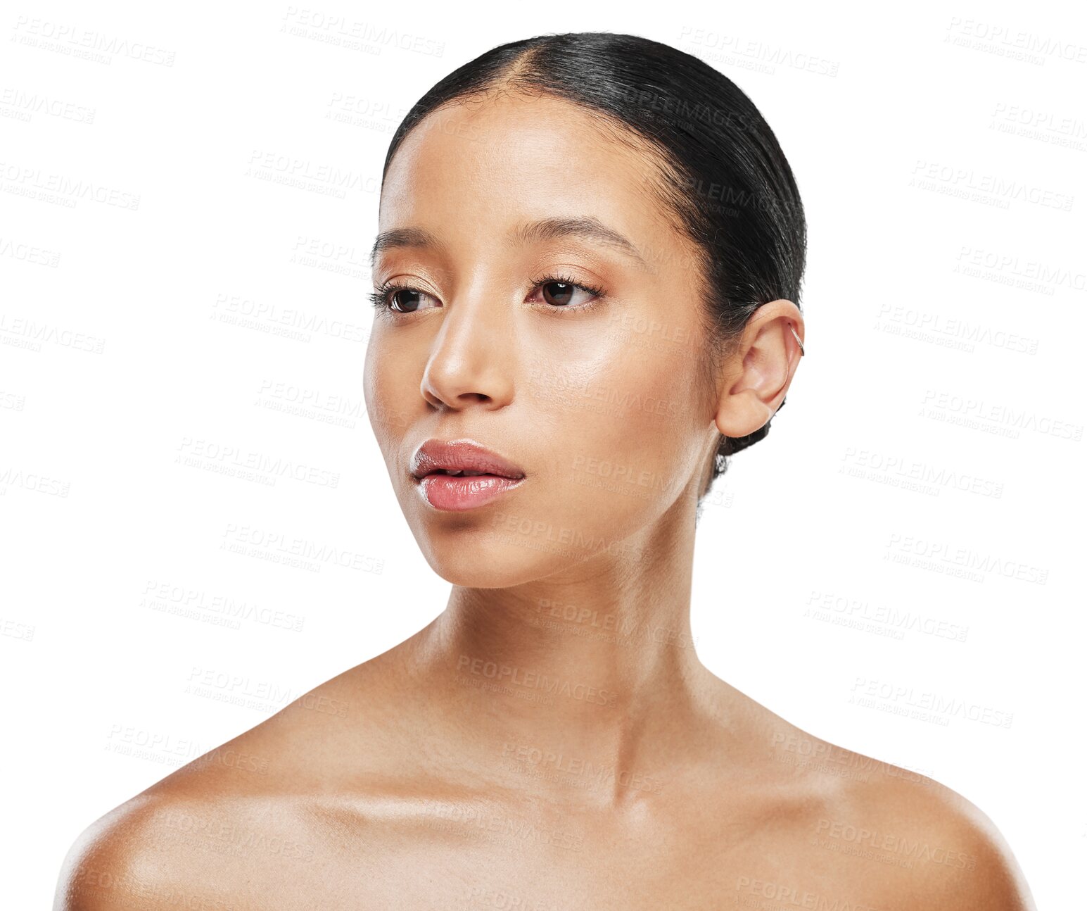 Buy stock photo Makeup, thinking and woman with skincare cosmetic care for wellness isolated in a transparent or png background. Shine, face and young female person with smooth, soft and beauty skin due to cosmetics