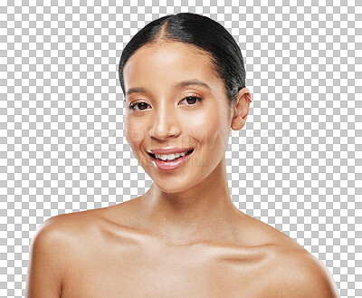 Buy stock photo Skincare, beauty and portrait of woman with smile and happy isolated in a transparent or png background. Shine, clean and young female person with smooth, natural and glow skin due to cosmetic care