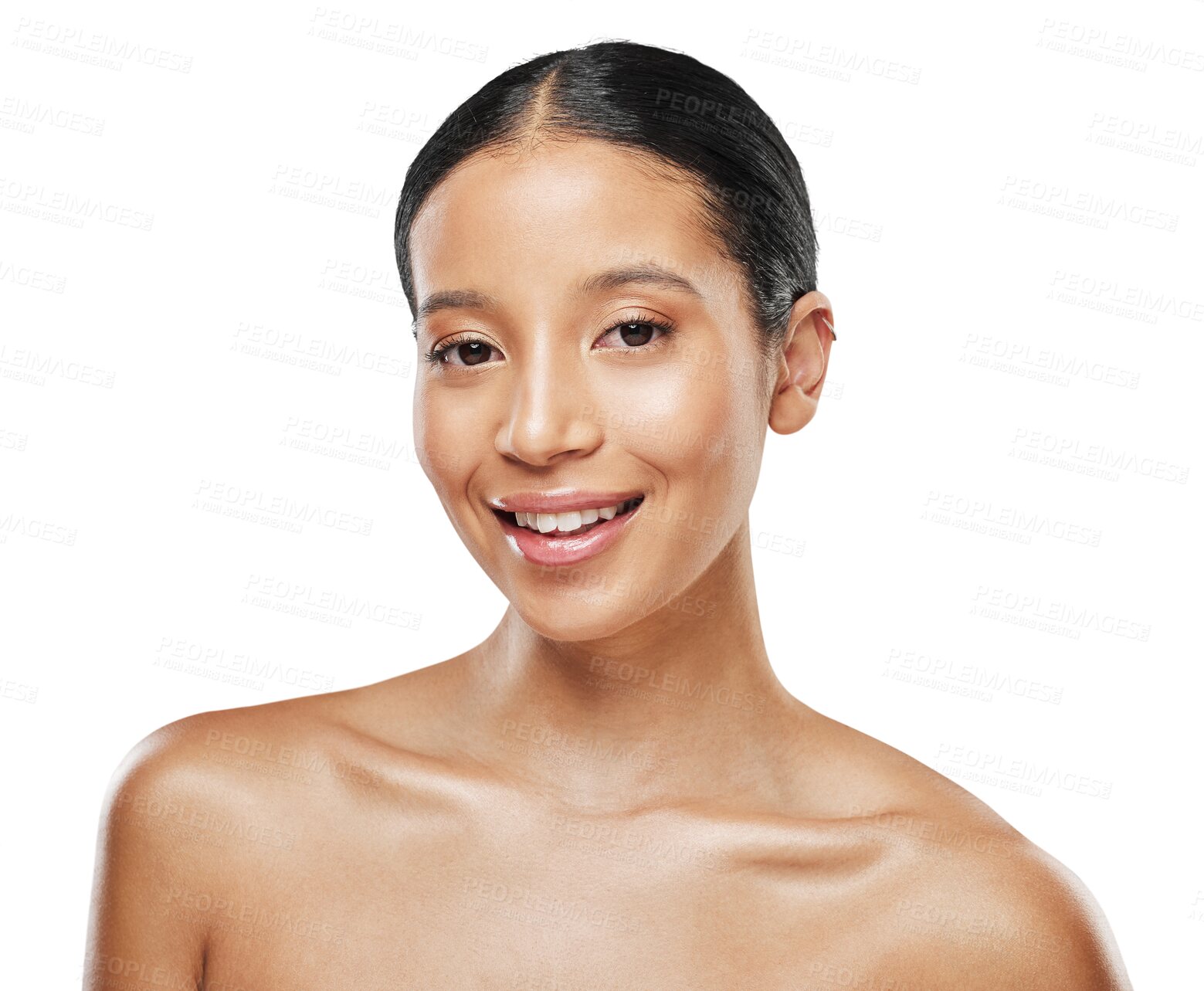 Buy stock photo Skincare, beauty and portrait of woman with smile and happy isolated in a transparent or png background. Shine, clean and young female person with smooth, natural and glow skin due to cosmetic care