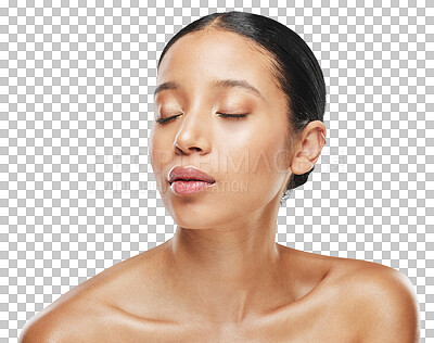 Buy stock photo Beauty, natural and woman with skincare cosmetic care for wellness isolated in transparent or png background. Shine, face and young female person with closed eyes with smooth, cosmetics and skin