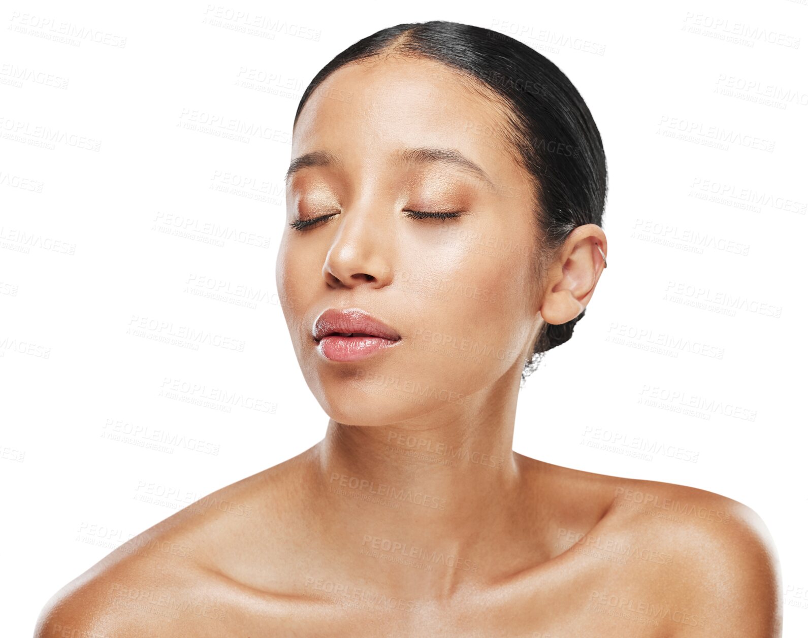 Buy stock photo Beauty, natural and woman with skincare cosmetic care for wellness isolated in transparent or png background. Shine, face and young female person with closed eyes with smooth, cosmetics and skin