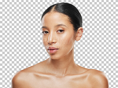 Buy stock photo Natural, portrait and woman with skincare cosmetic care for wellness isolated in transparent or png background. Shine, face and young female person with smooth, soft and beauty skin due to cosmetics