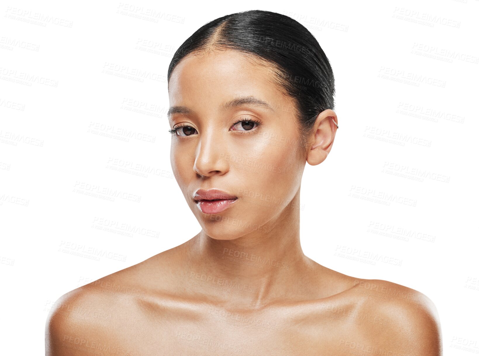 Buy stock photo Natural, portrait and woman with skincare cosmetic care for wellness isolated in transparent or png background. Shine, face and young female person with smooth, soft and beauty skin due to cosmetics